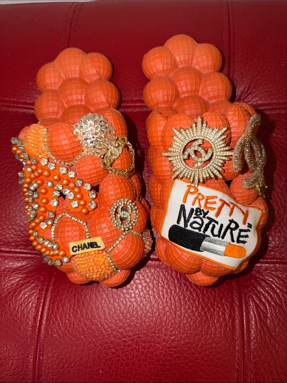 Orange Custom Embellished Bubble Slides, Sz 5-5 1/2